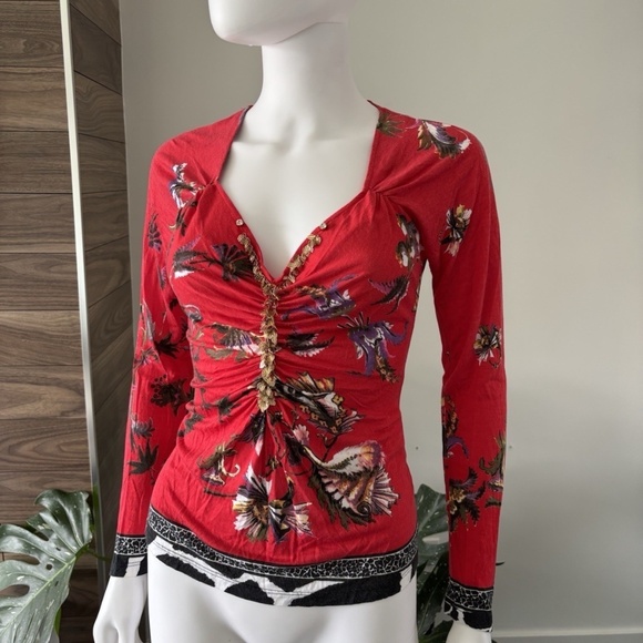 Roberto Cavalli CLASS *Vintage* Sweater Long Sleeve Red Floral Sz 8 US Authentic - Picture 9 of 14